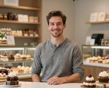 Portrait of a friendly man at a sleek, modern store counter with artisanal sweets in the background. He represents the welcoming spirit of the shop.