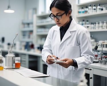 Two consultants discussing laboratory documents in a bright office setting.