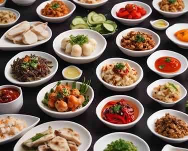 Close-up of a vibrant Asian fusion appetizer garnished with fresh herbs on a dark ceramic plate.