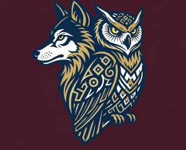 logo le loup et le hibous sur fond bordeau / le loup et le hibou