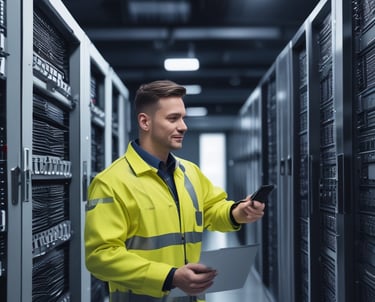 A professional IT technician monitoring multiple server screens in a modern data center.