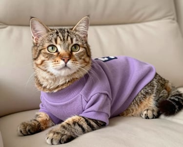A cute tabby cat wearing a purple pet sweater lounging on a beige leather sofa.