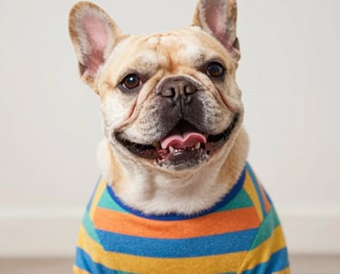 A smiling tan French Bulldog wearing a colorful striped pet shirt sitting against a plain white wall.