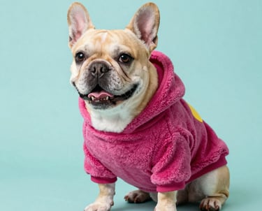 perro bulldog vsitiendo un traje rosa con fondo azul