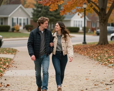 A couple walking through a peaceful North American suburban park, sharing a lighthearted moment, with soft sand and orange autumn leaves in the background composition.