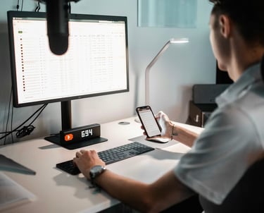 A IT developer at a desk using a smartphone, mechanical keyboard, and PC monitor for data analysis.