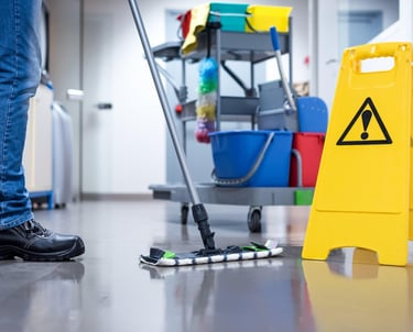 Agent de nettoyage qui lave le sol au balai de lavage