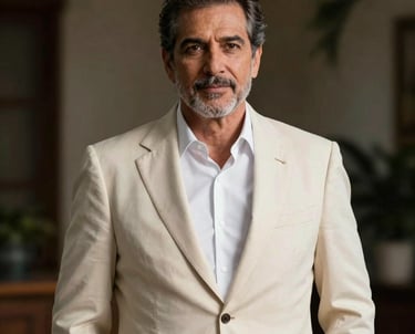 Professional portrait of a refined estate director in a South American setting, wearing an elegant cream-colored blazer. The lighting is soft and directional, creating a mature and trustworthy look.