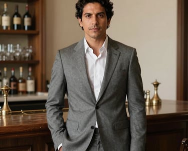 Professional portrait of a curator in an elegant, modern South American bar. The person is dressed in a sophisticated muted slate gray suit, standing against a background of cream-colored walls and dark wood shelves.