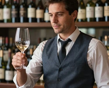 Professional portrait of a sommelier in a sophisticated Brazilian bar, holding a wine glass carefully. They are wearing a dark blue-gray waistcoat, symbolizing craft and attention to detail.