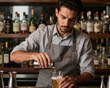 Professional portrait of a mixologist behind a dark wood bar in Brazil. They are focused on their craft, wearing a clean, muted slate gray apron. The lighting highlights the elegance of the professional environment.
