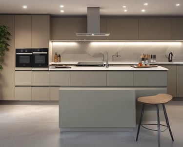 Modern kitchen cabinet workshop with craftsmen working on wood furniture.