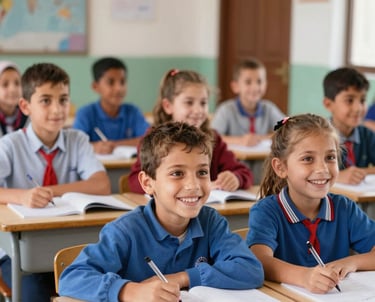 A smiling child proudly holding a new backpack filled with textbooks and school supplies.