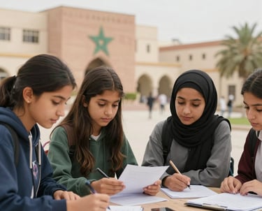 A focused group of students gathered around a tutor in a bright classroom setting.