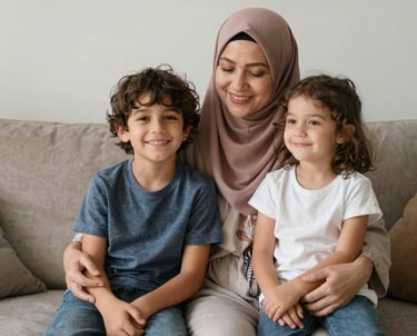 A warm, candid photo of a mother and her children smiling together at home, bathed in soft natural light with navy blue and deep red accents subtly present in the background.