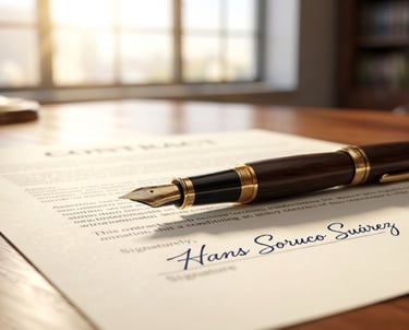 A signed legal contract and luxury fountain pen on a wooden office desk. Hans Soruco Suárez