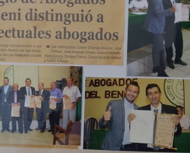 A newspaper clipping showing the Colegio de Abogados del Beni. Dr. Hans Soruco