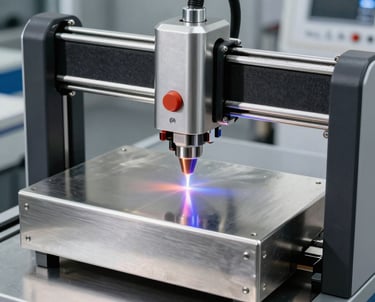 Close-up of a laser cutting machine shaping stainless steel with sparks flying.