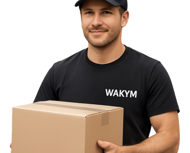 A professional driver with the WAKYM's logo on his cap and his t-shirt, carrying a box