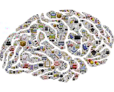 Human brain shape mosaic made of diverse icons representing thoughts, business, and technology.