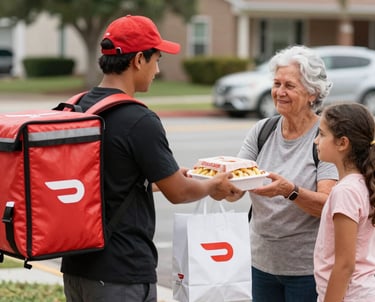 A cheerful Uber driver handing food delivery to a smiling customer in a busy neighborhood.
