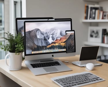 MacBook Pro on table beside white iMac and M
