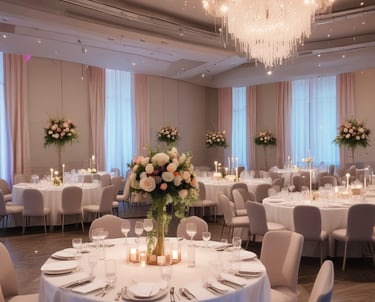 Guests enjoying a beautifully decorated social event with soft lighting and elegant table settings.
