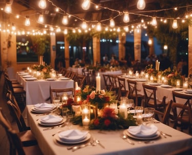 A team setting up lighting and sound equipment at an event venue.