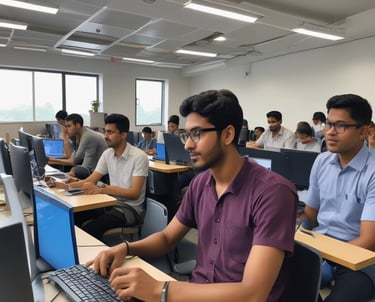 A vibrant classroom with students engaged in tech learning.