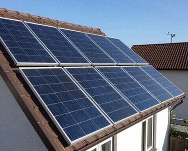 A cozy home with solar panels on the roof glowing under the sun.