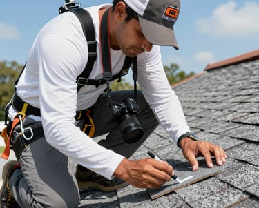 Close-up of a skilled worker inspecting a roof with a focused expression.