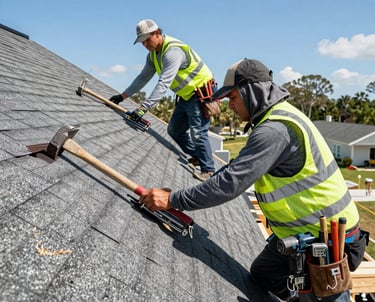 Roofing team carefully installing shingles on a residential home under clear blue sky.