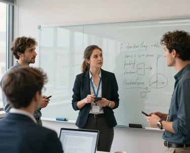 A clean, bright photo of a mobile development team in a brainstorming session using a large glass whiteboard. International tech-focused environment.