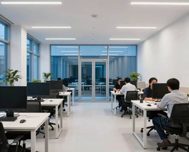 A photography of a modern, tech-forward co-working space with clean blue glass windows and bright white interiors. International tech-focused.