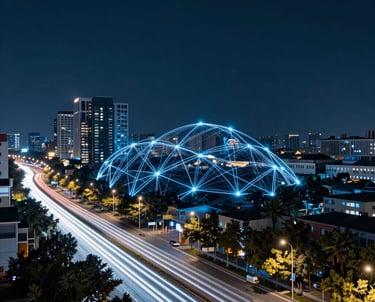An artistic wide-angle shot of a modern city at night with flowing light trails in blue and white, representing connectivity and speed.
