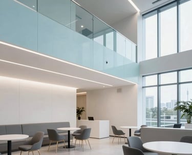 A high-end architectural photo of a modern tech office lounge with clean lines and a palette of pale blue and soft white. International tech-focused setting.