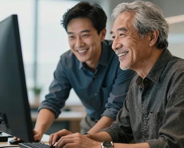A portrait of a senior developer collaborating with a designer, both smiling and looking at a bright screen. International tech-focused, professional atmosphere.