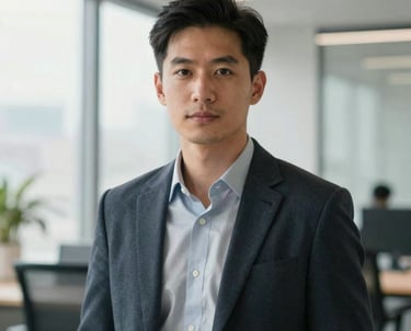 A portrait of a tech professional looking confidently at the camera, wearing modern business-casual attire, in a sun-drenched office. International tech-focused aesthetic, clean and professional photography.