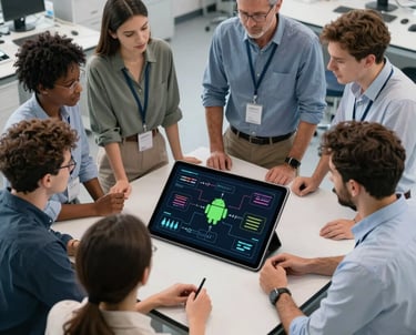 An overhead shot of a team of diverse engineers in a modern laboratory, collaborating around a large tablet showing complex Android system architecture diagrams. International tech-focused environment, bright and clean composition.