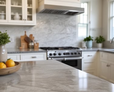 A professional cleaner in a bright, modern Charlotte kitchen, carefully wiping down countertops with natural light streaming in.