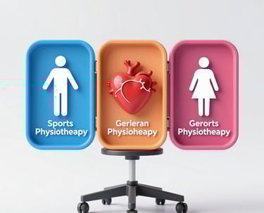 A collage showing a sports physiotherapy session, elderly patient receiving care, and cardiac rehabilitation exercises.