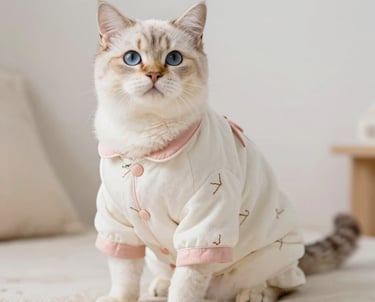 Un gato de ojos azules uciendo una pijama blanca con detalles y botones rosados
