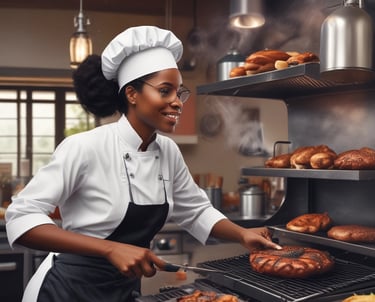A warm, inviting kitchen scene with a woman preparing a hearty soul food meal.