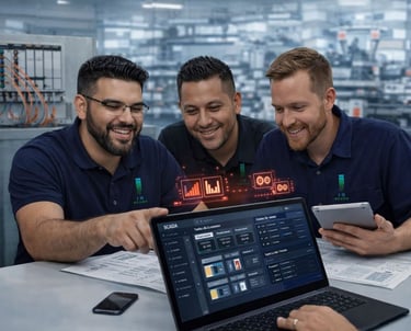 Engineers reviewing SCADA system data on laptop for industrial monitoring and automation