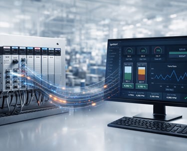 PLC control panel integrated with SCADA software for real-time industrial monitoring and automation