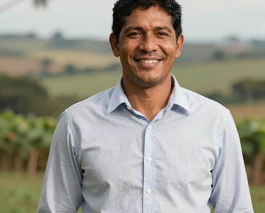A professional portrait of a South American man in his 30s with a friendly smile, outdoors on a farm. He is wearing a simple, clean button-down shirt. The background is a soft-focus view of the Brazilian countryside.
