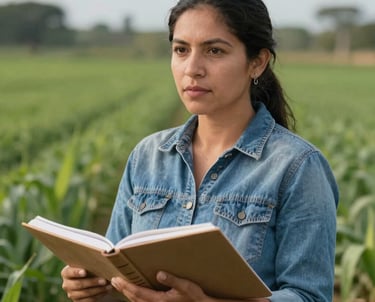 A professional portrait of a South American woman in her 30s, an agronomist, holding a notebook in a green field. She looks focused and professional, representing the scientific innovation behind the cultivation.