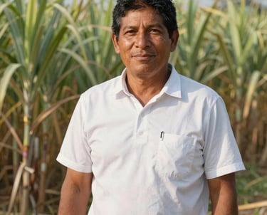 A professional portrait of a South American man in his 40s, wearing clean, high-quality agricultural attire, standing in a sunny sugar cane field. He has a warm and confident expression, representing leadership and dedication. The lighting is natural and bright.