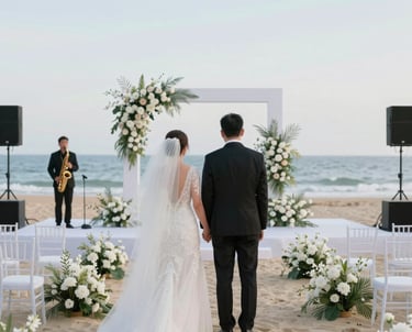 A lively wedding band performing on a beach at sunset in Cancun with guests dancing joyfully.