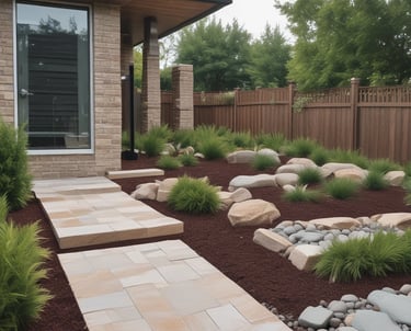 Vibrant tropical garden with colorful plants and a neatly trimmed lawn surrounding a modern home.
